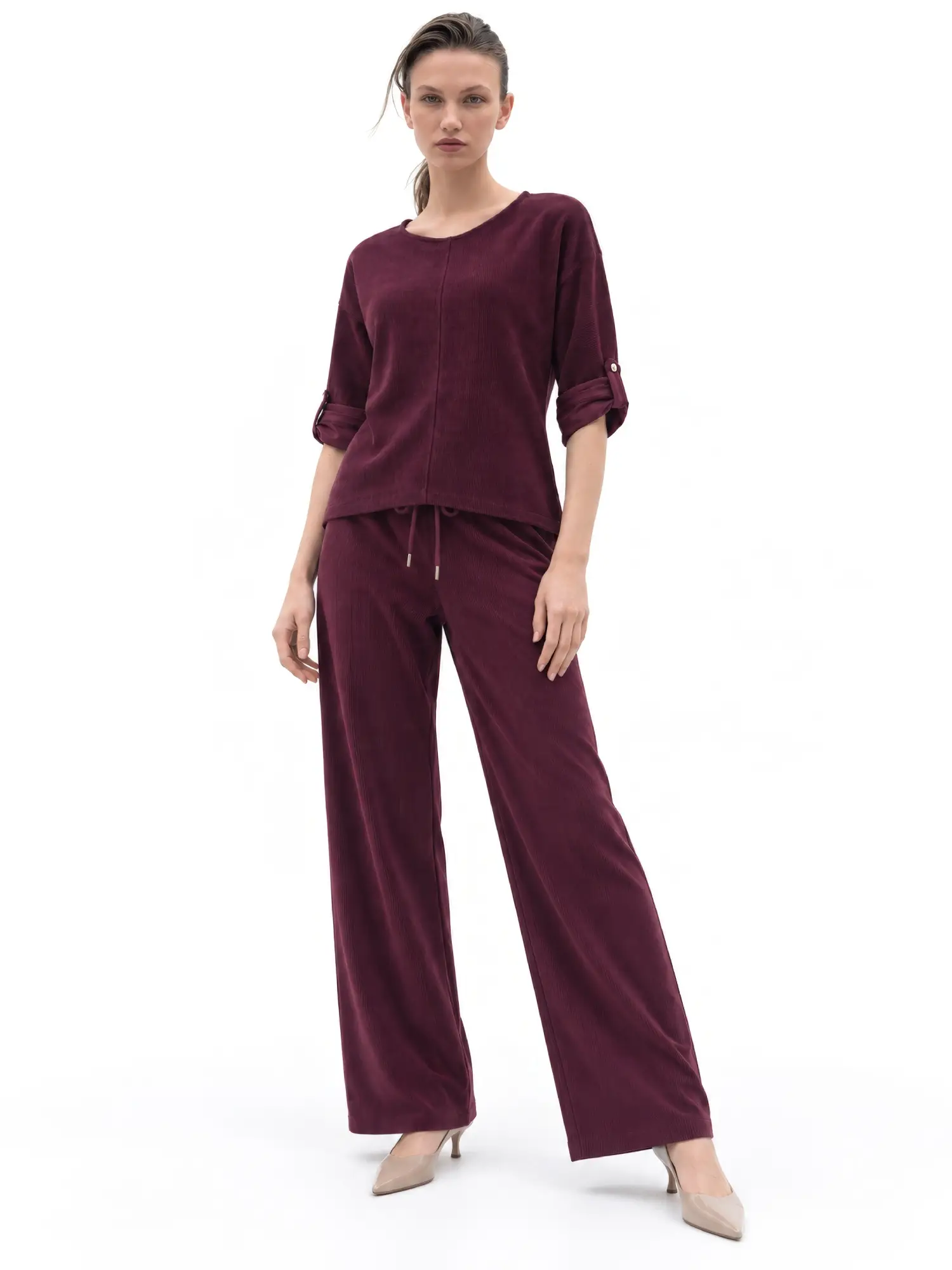 Bel Bağlamalı Kadife Pantolon X-288 - BORDO