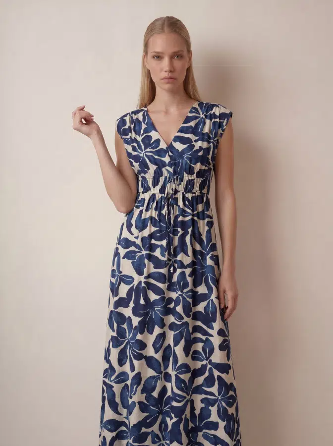 Bel Lastikli Desenli Kolsuz Elbise LS00633