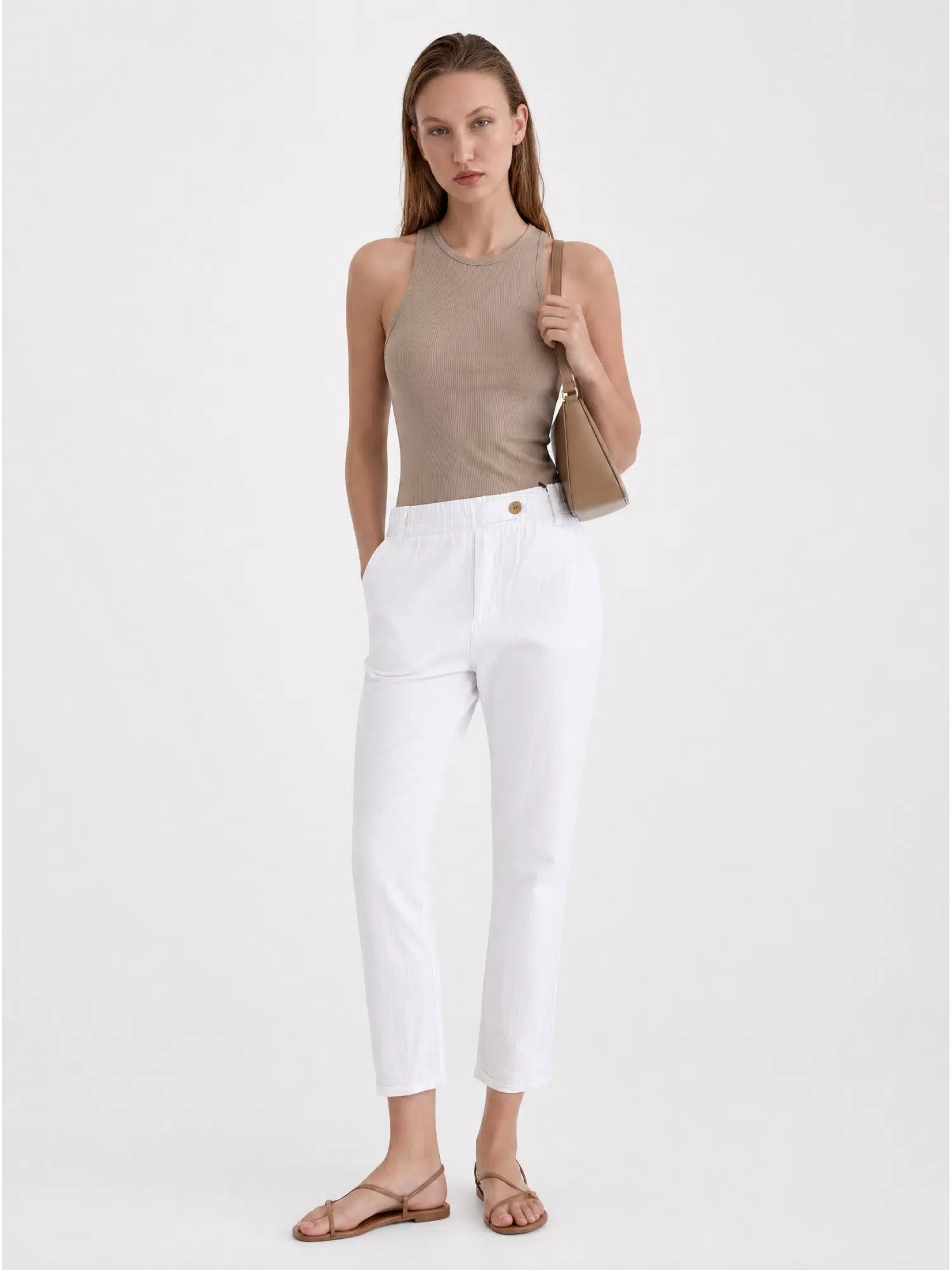 Beli Lastikli Düğmeli Keten Pantolon YP5571 - BEYAZ