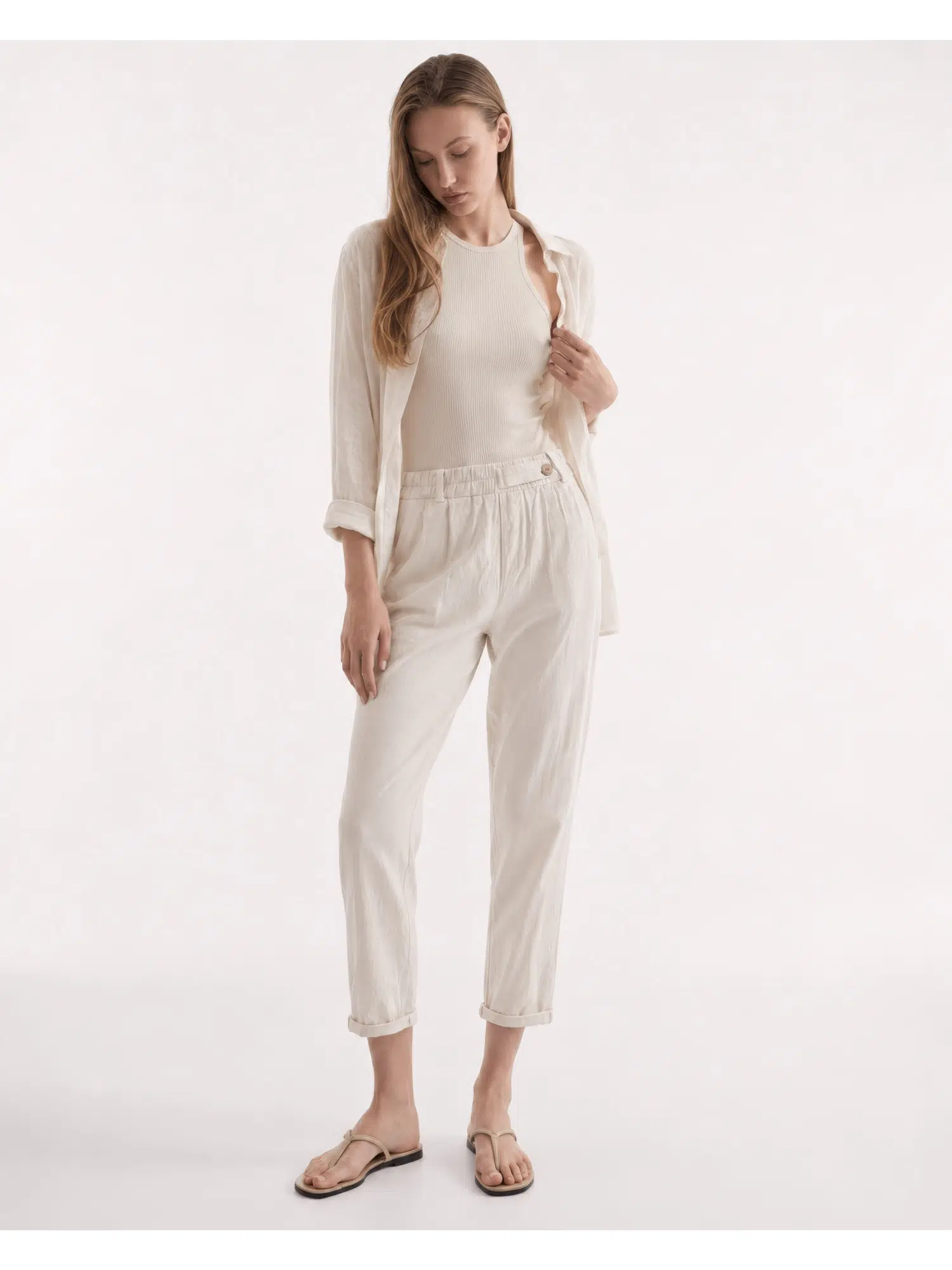 Beli Lastikli Düğmeli Keten Pantolon YP5571 - TAŞ