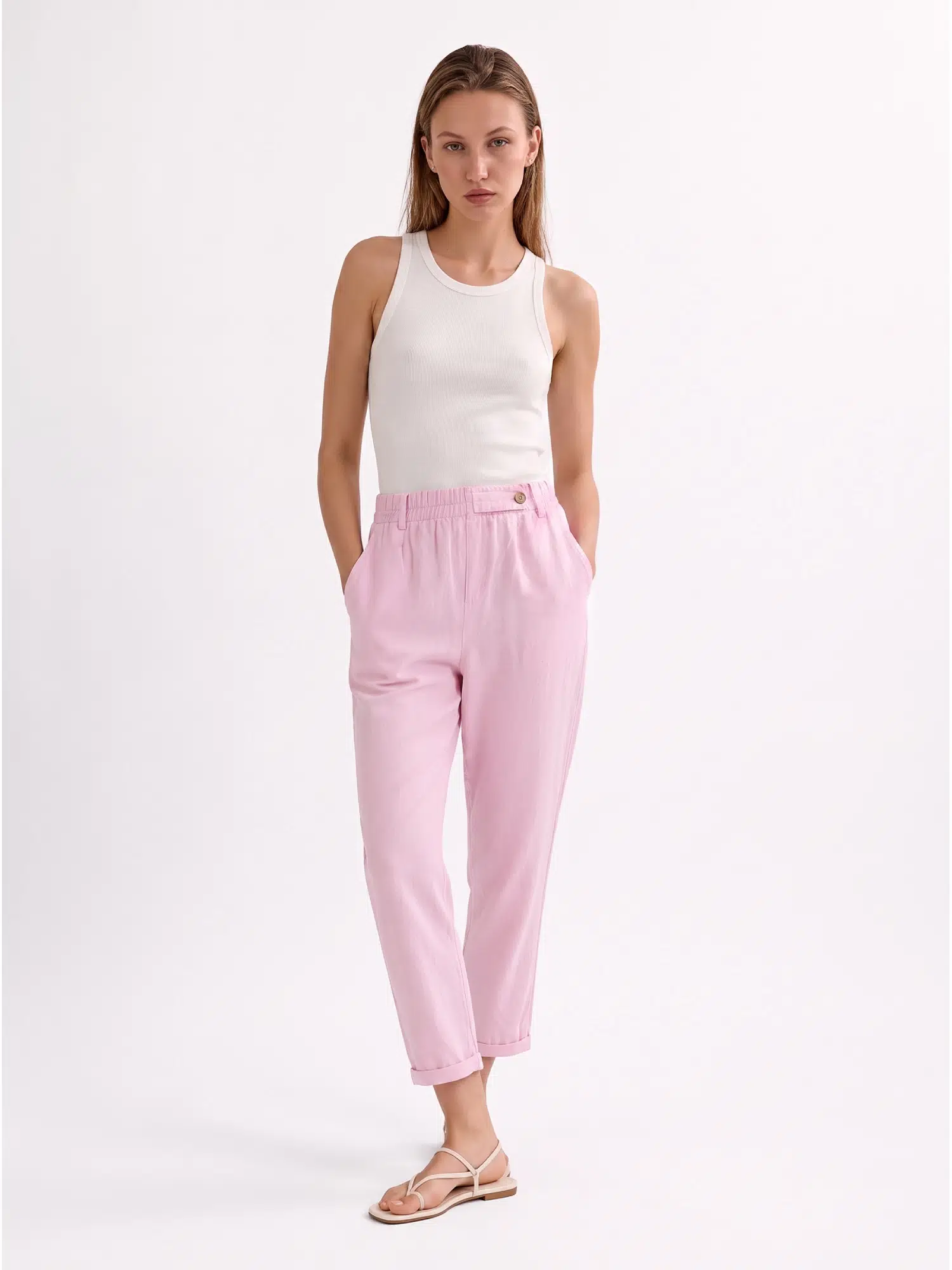 Beli Lastikli Düğmeli Keten Pantolon YP5571 - PEMBE