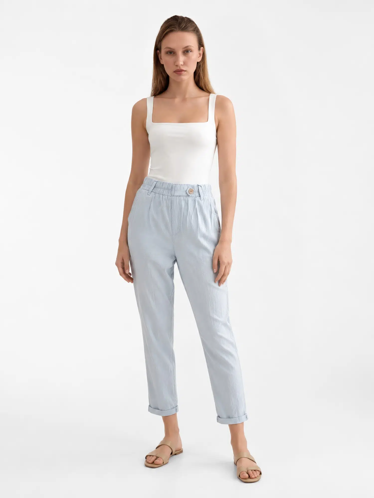 Beli Lastikli Düğmeli Keten Pantolon YP5571 - BEBE MAVİ