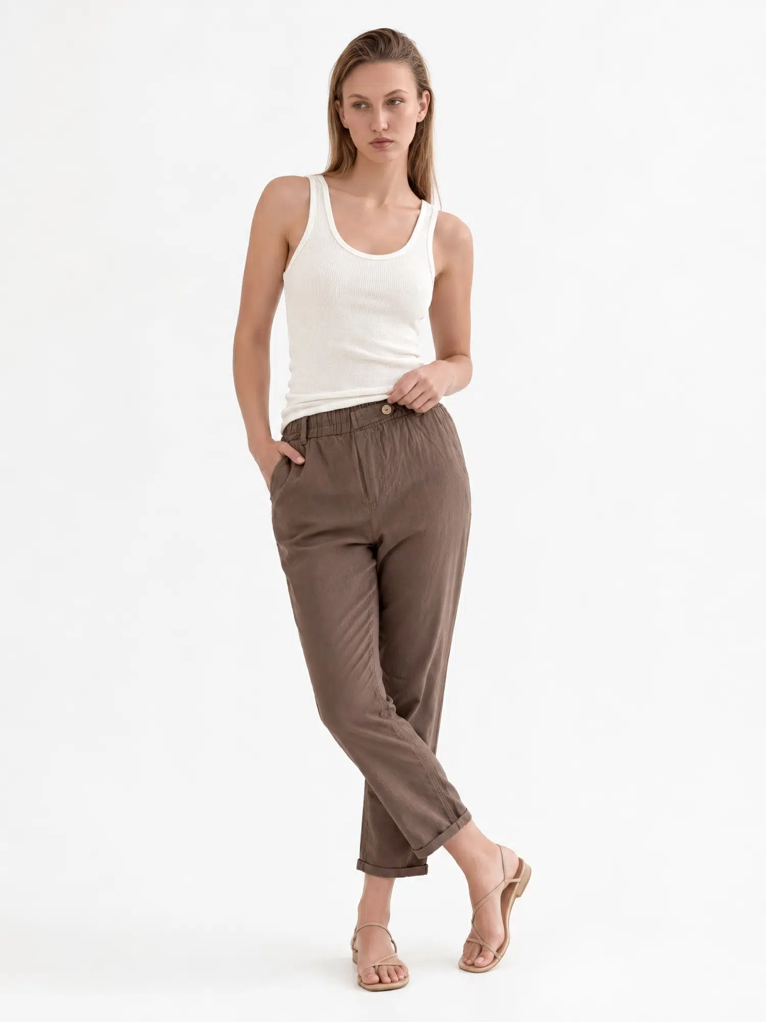 Beli Lastikli Düğmeli Keten Pantolon YP5571 - AÇIK KAHVE