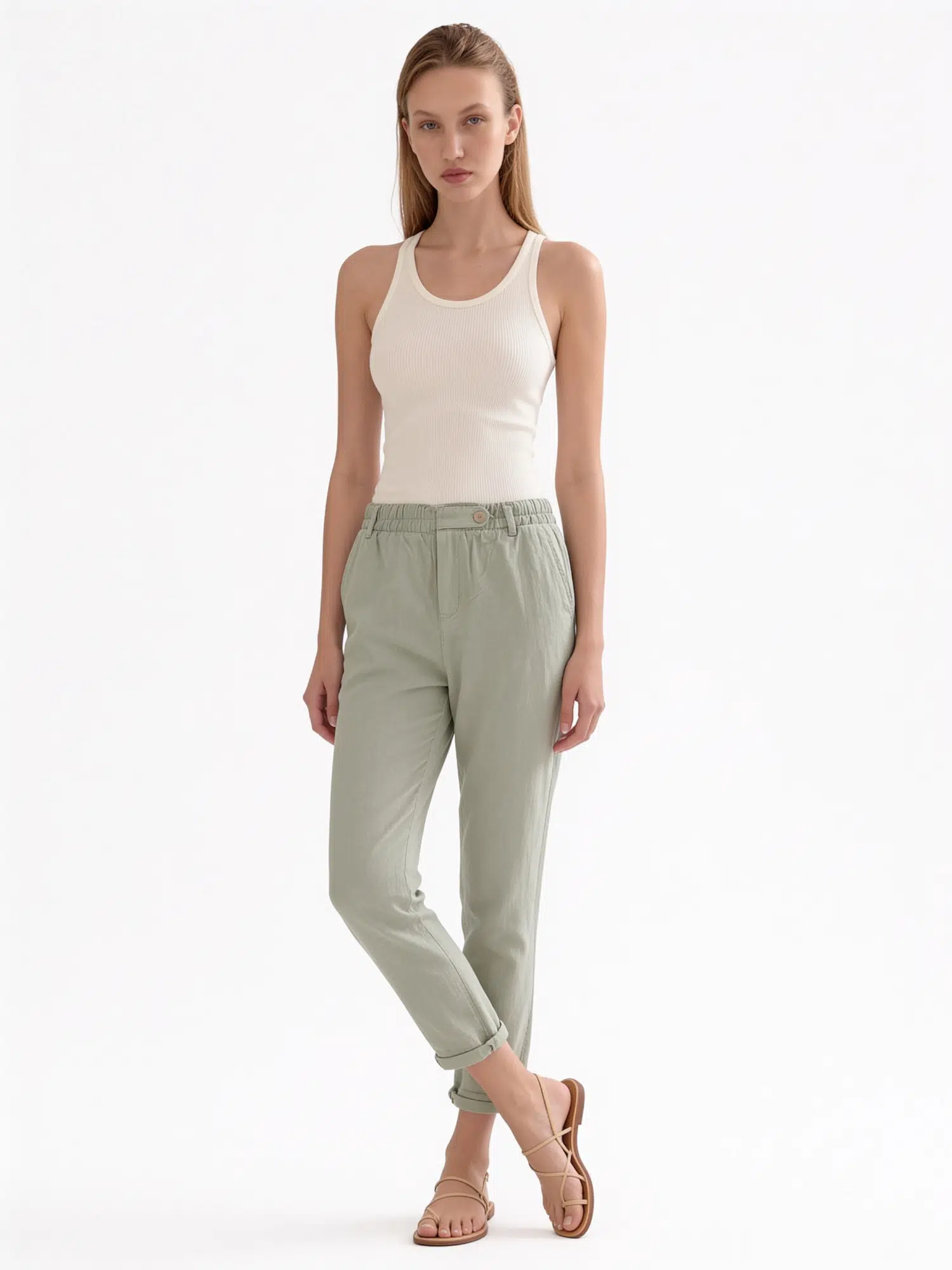 Beli Lastikli Düğmeli Keten Pantolon YP5571