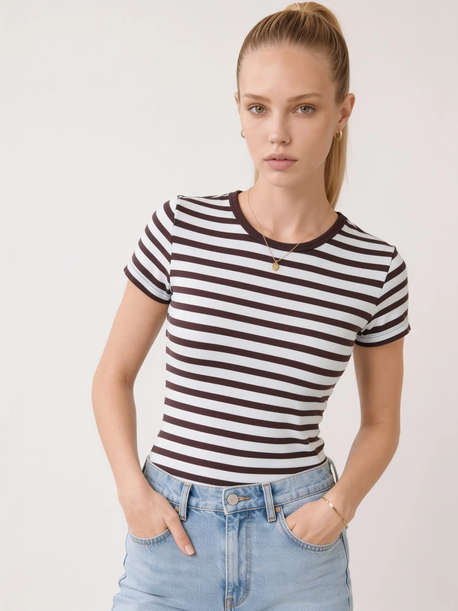 Bisiklet Yaka Çizgili Tshirt S19598 - MAVİ KAHVE