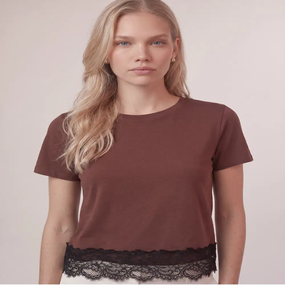 Bisiklet Yaka Dantel Detay Tshirt 3001 - KAHVE
