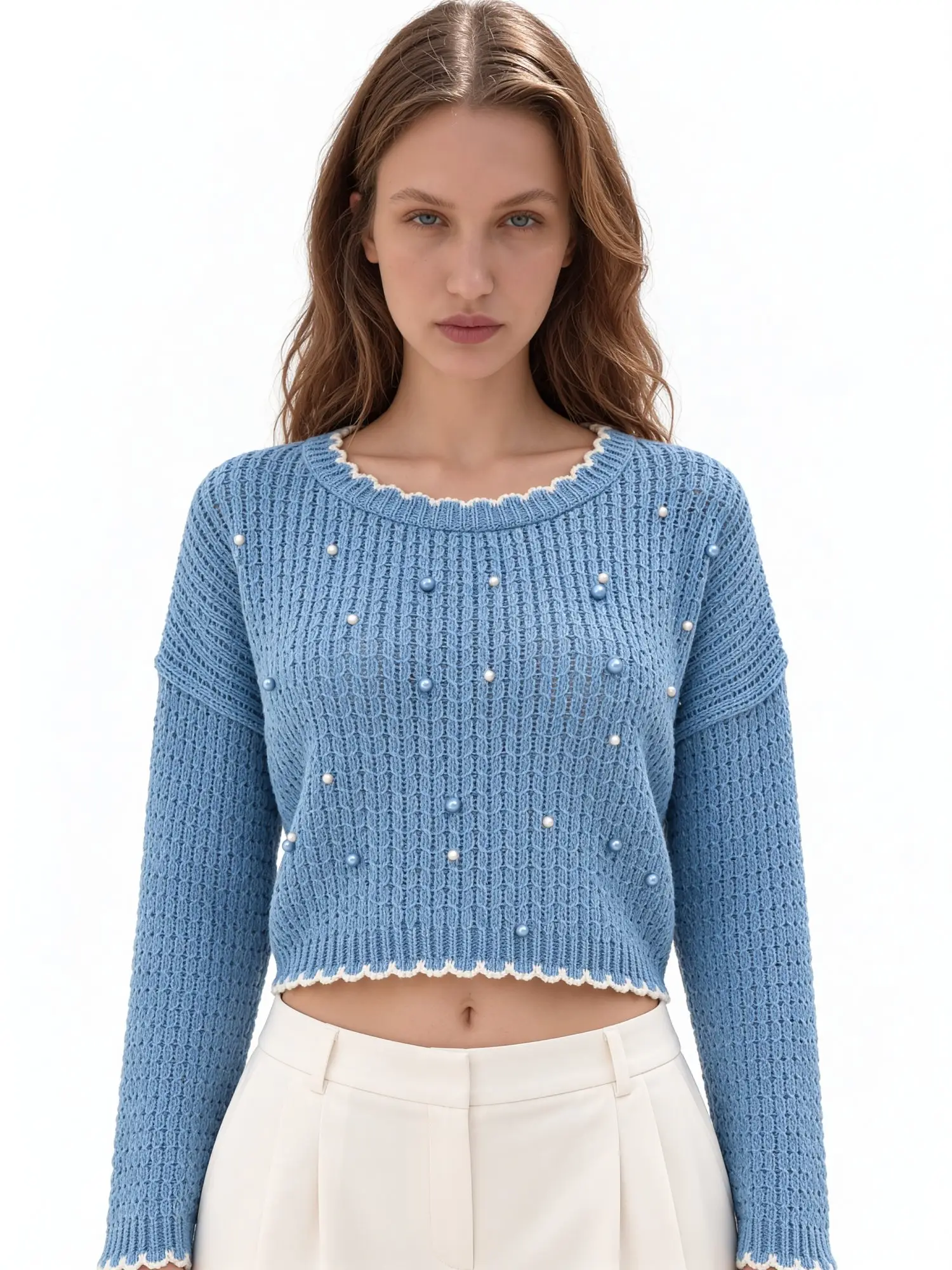 Boncuk Detaylı Triko Kazak 4421 - BEBE MAVİ