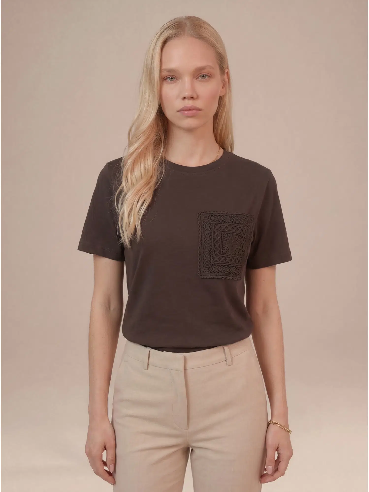 Cep Dantel Detay Tshirt S019138 - ACI KAHVE