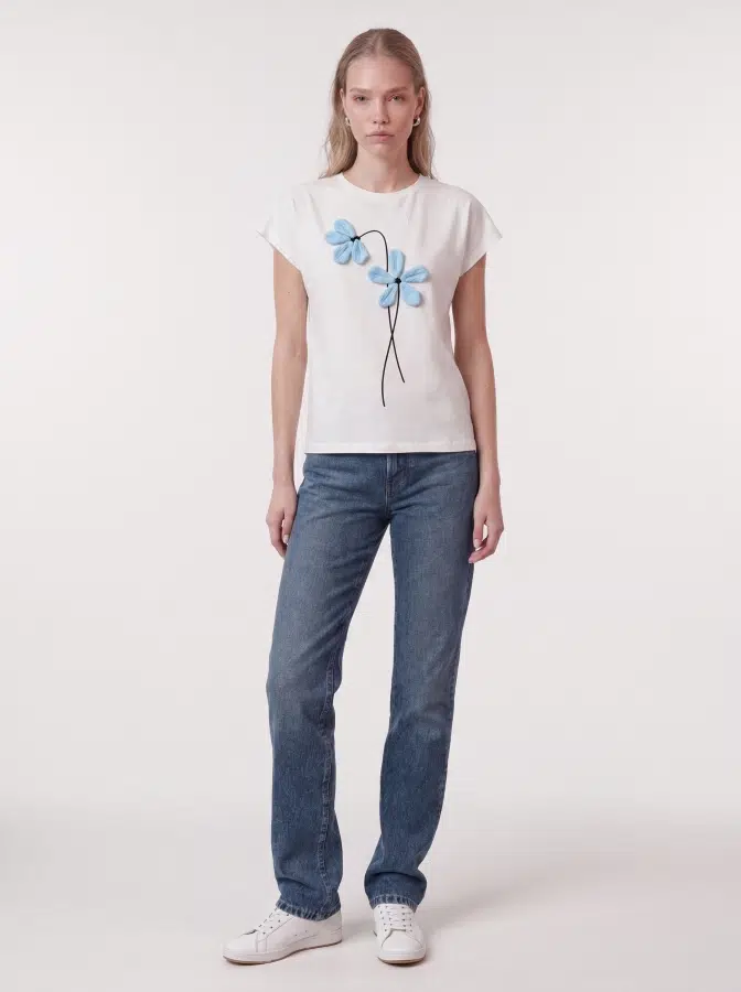 Çiçek Baskılı Geniş Kol Tshirt 26050 - EKRU