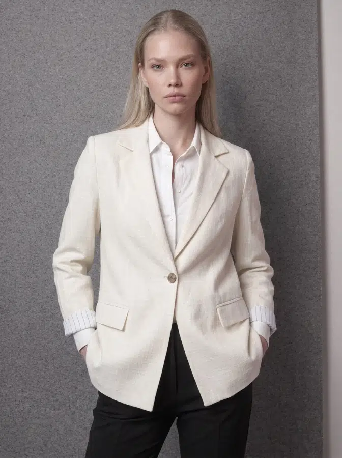 Çizgi Detay Keten Blazer Ceket 6023-3 - BEJ