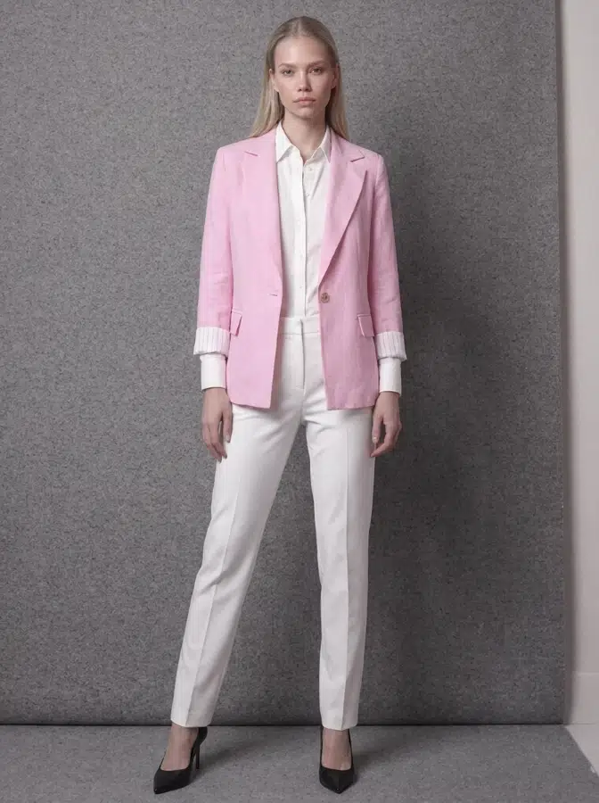 Çizgi Detay Keten Blazer Ceket 6023-3 - PEMBE