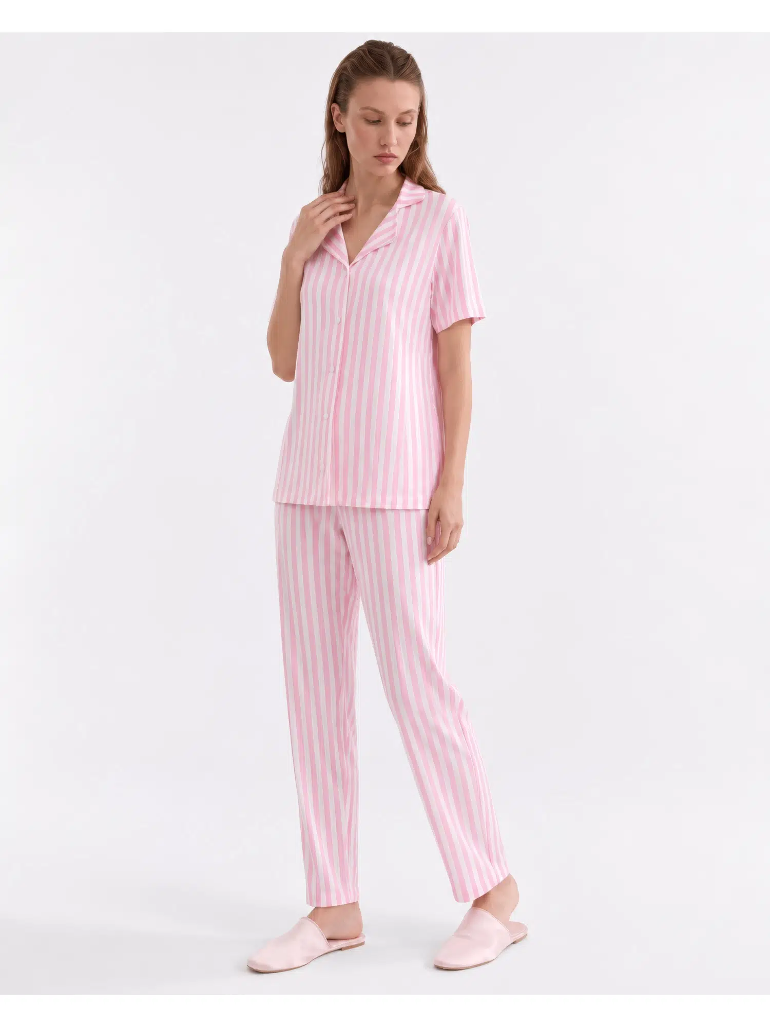Çizgili Düğmeli Altı Uzun Milan Pijama Takımı 5400 - PEMBE