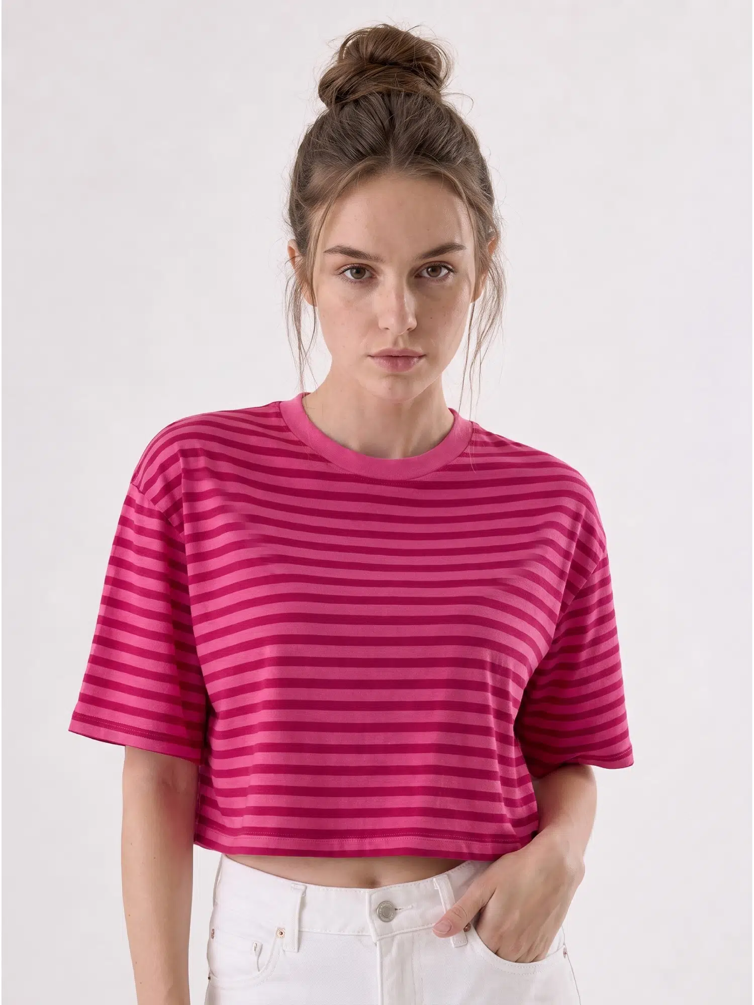 Çizgili Kısa Tshirt S019673 - PEMBE FUŞYA