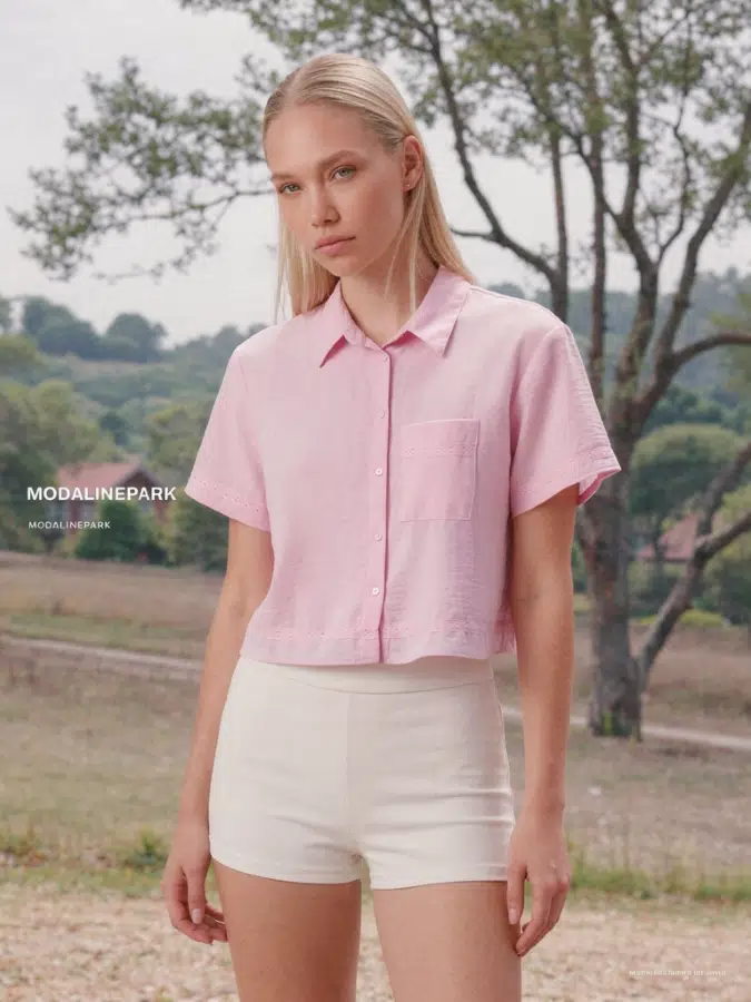 Dantel Detay Crop Gömlek 26275 - PEMBE