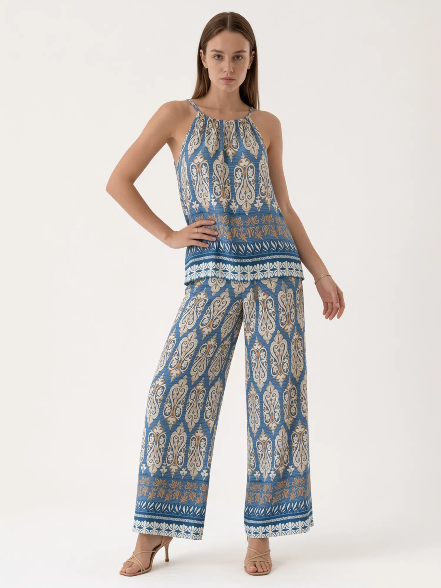Desenli Bluz Pantolon Takım 6619 - MAVİ