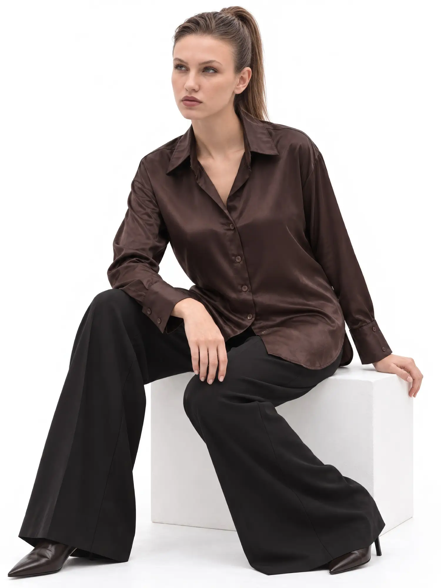 Düz Saten Gömlek 4664 - KAHVE