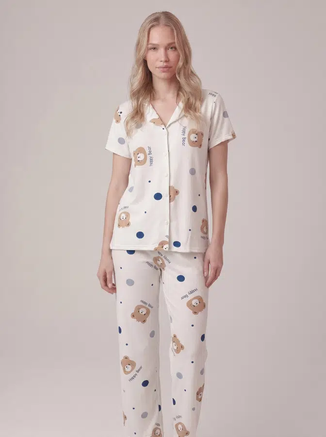 Happy Bear Ayı Desenli Düğmeli Pijama Takımı 5409