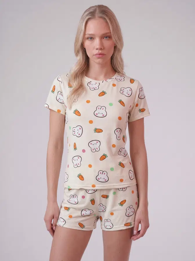 Havuç Tavşanlı Şortlu Pijama Takımı 3101 - BEJ