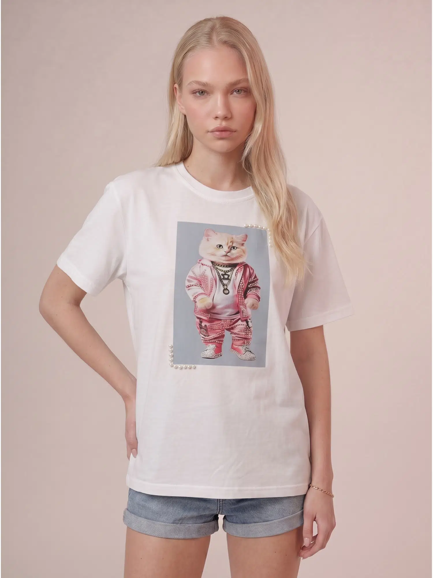 Kedili Taşlı İncili Tshirt 5185