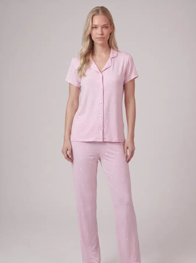 Küçük Kalp Desenli Düğmeli Pijama Takımı 5402