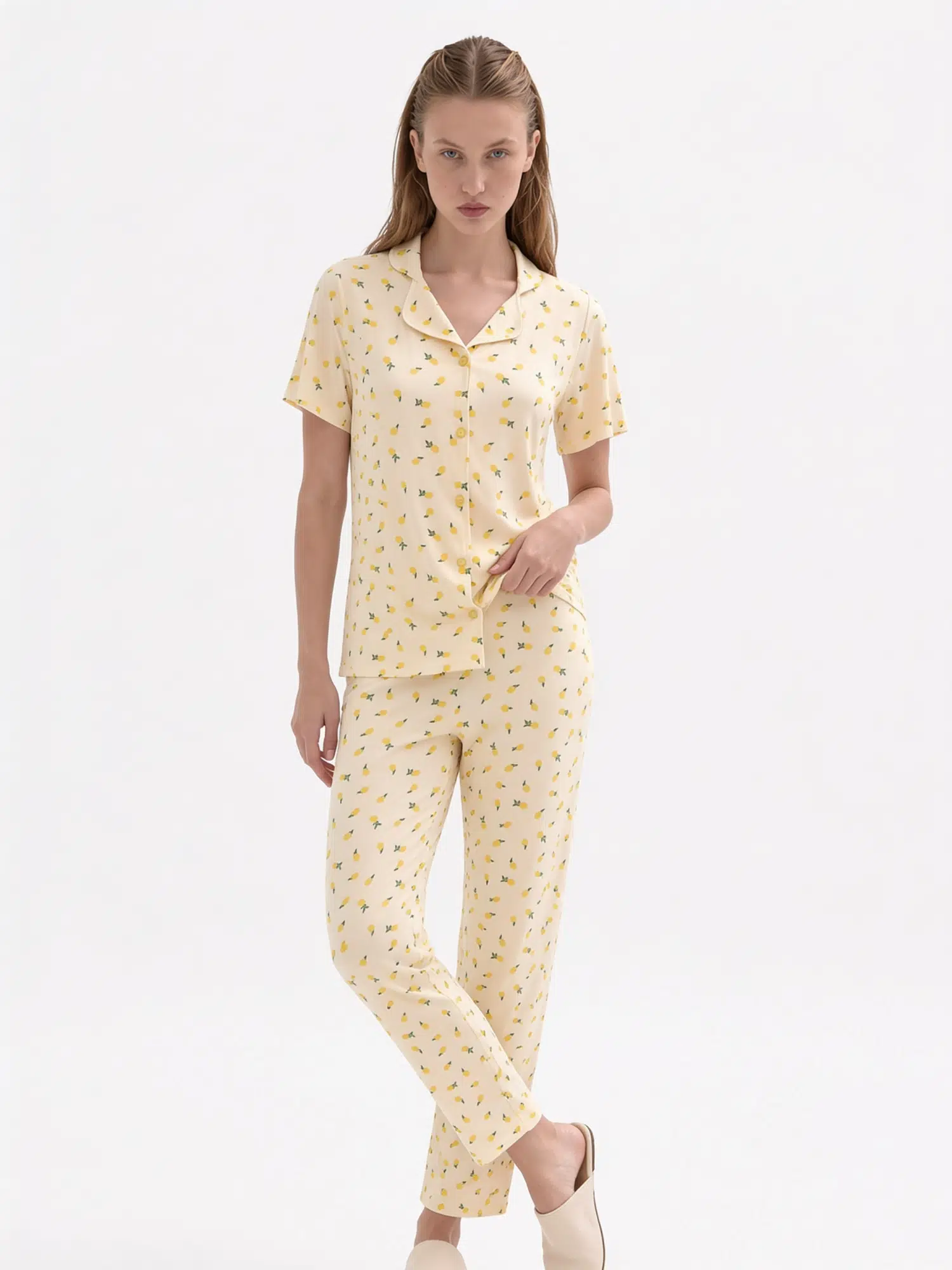 Limonlu Düğmeli Altı Uzun Milan Pijama Takımı 5408