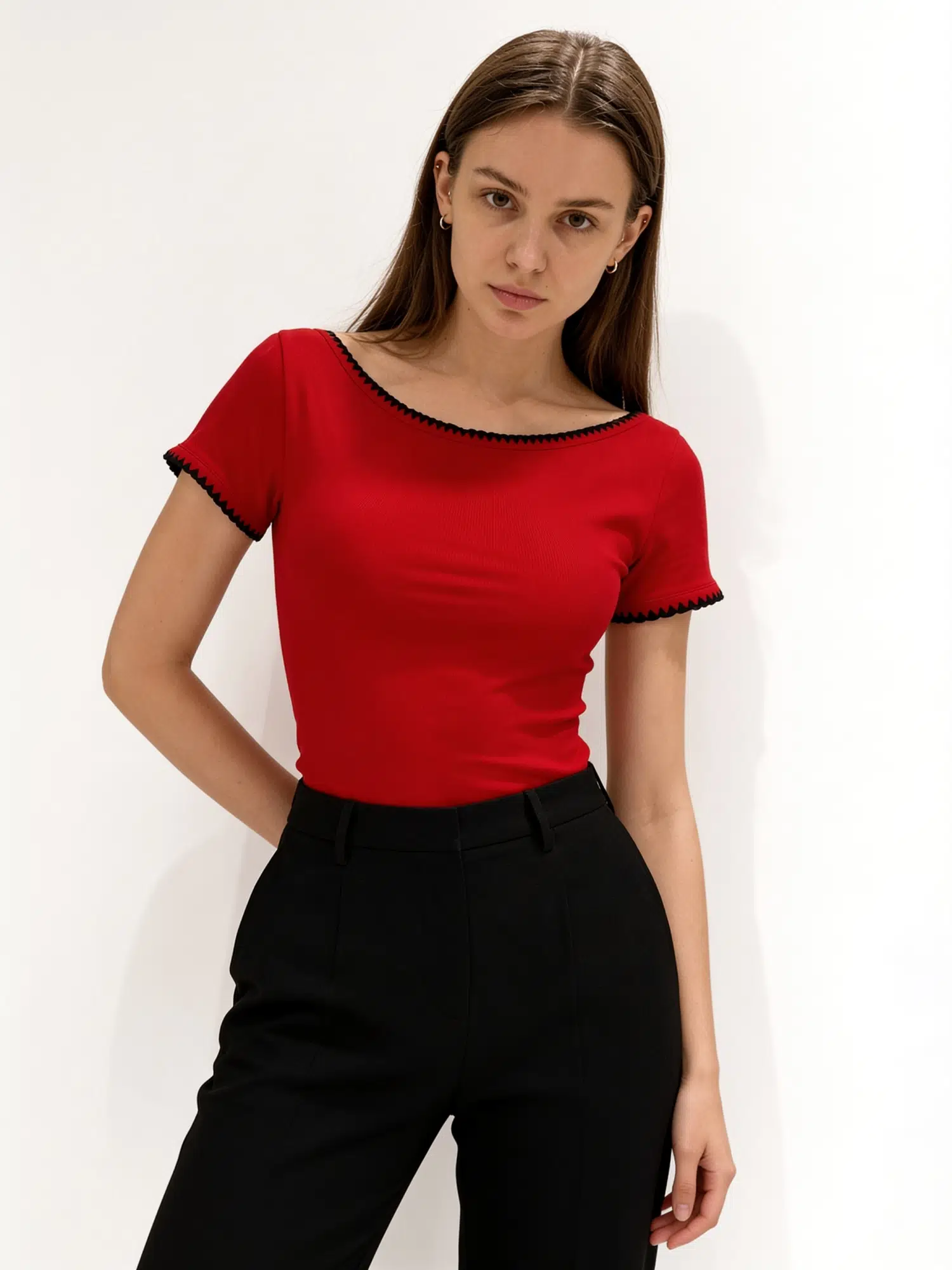 Nakış Detay Bisiklet Yaka Tshirt 17598 - KIRMIZI