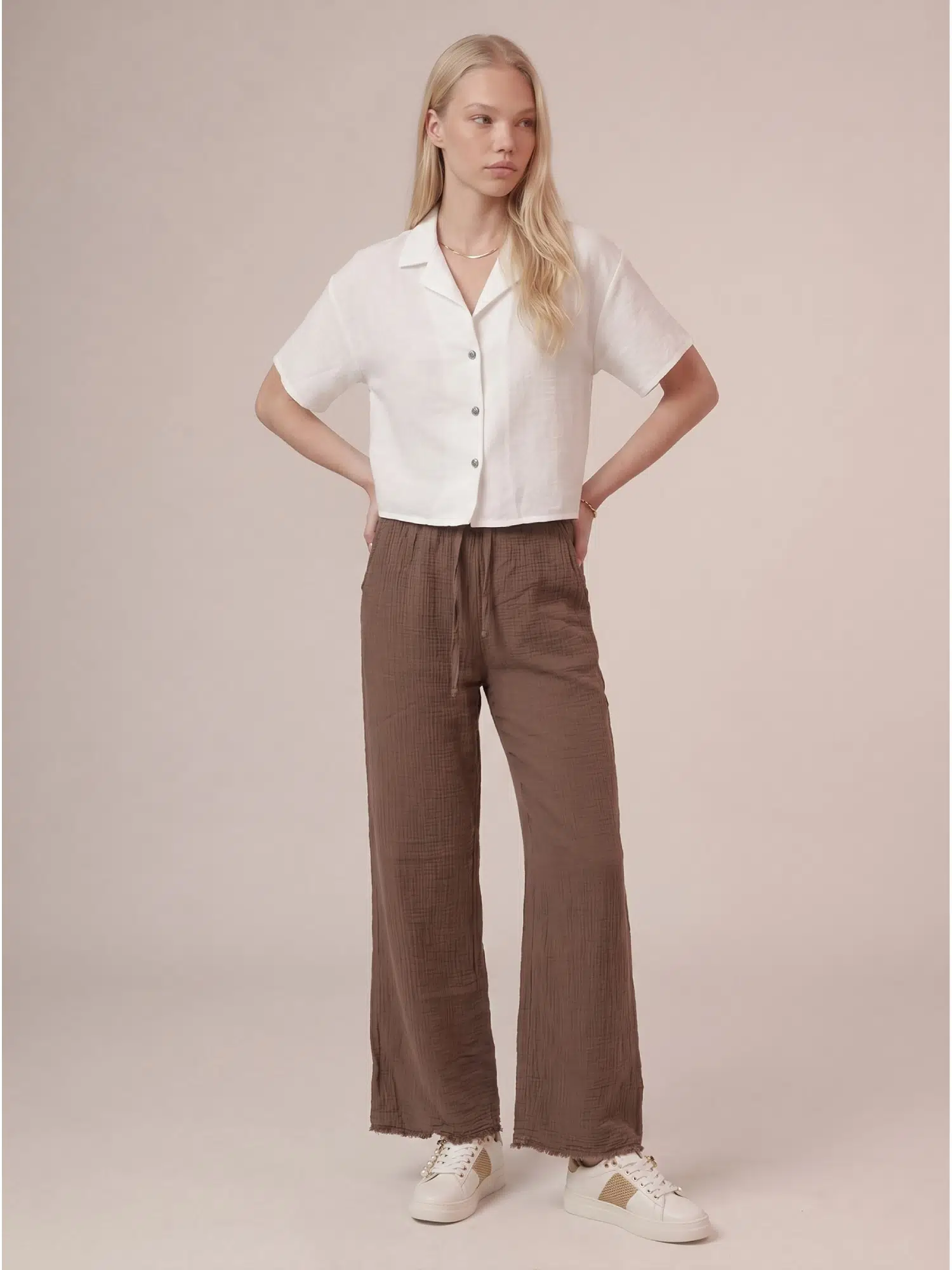 Paça Püsküllü Müslin Pantolon 5504 - KAHVE