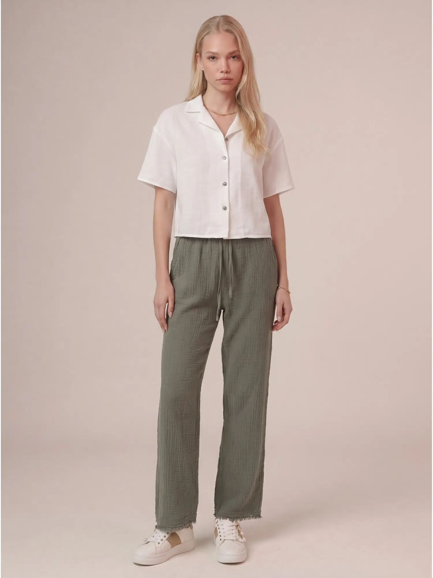Paça Püsküllü Müslin Pantolon 5504 - HAKİ