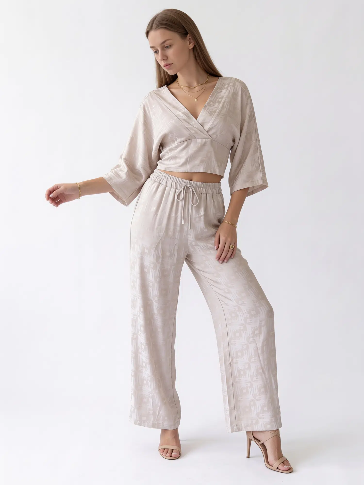 Parlak Baskı Desen Saten Bluz Pantolon Takım 6488