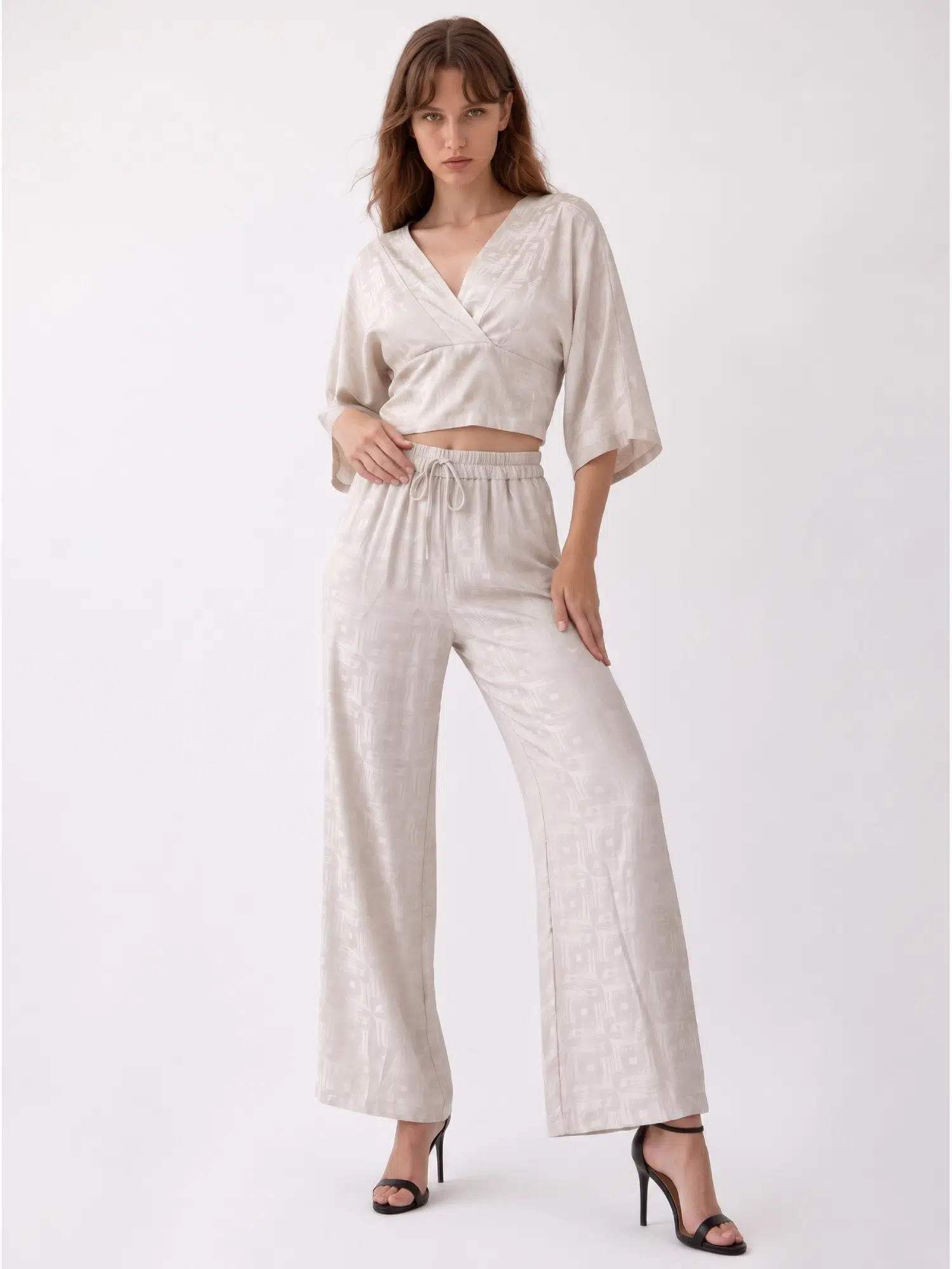 Parlak Baskı Desen Saten Bluz Pantolon Takım 6488