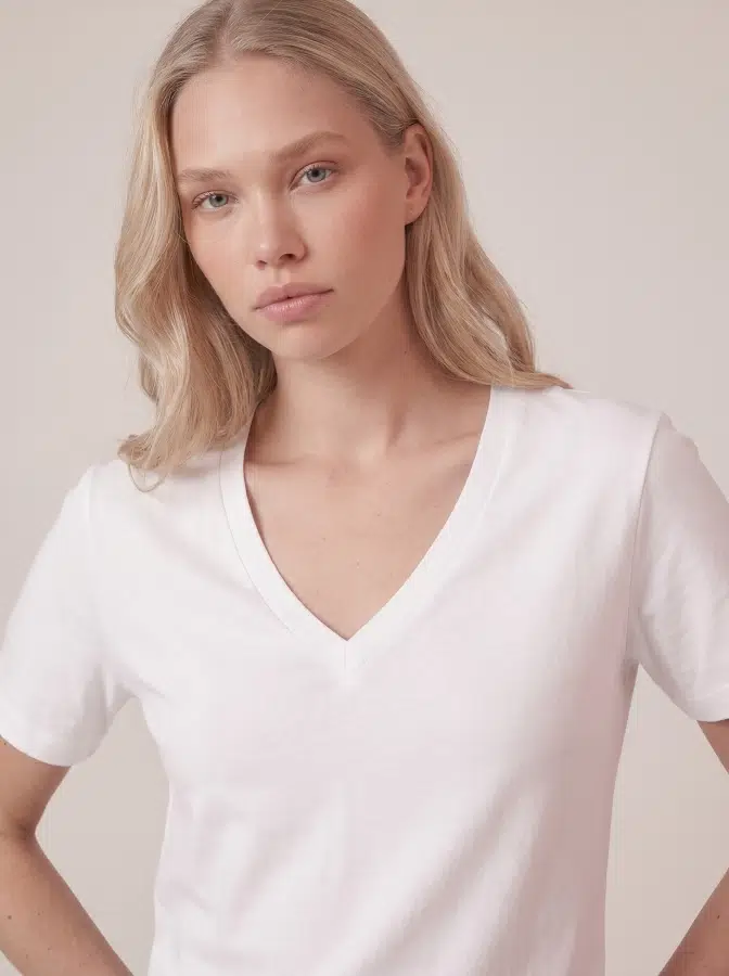 V Yaka Basic Tshirt 17885 - EKRU