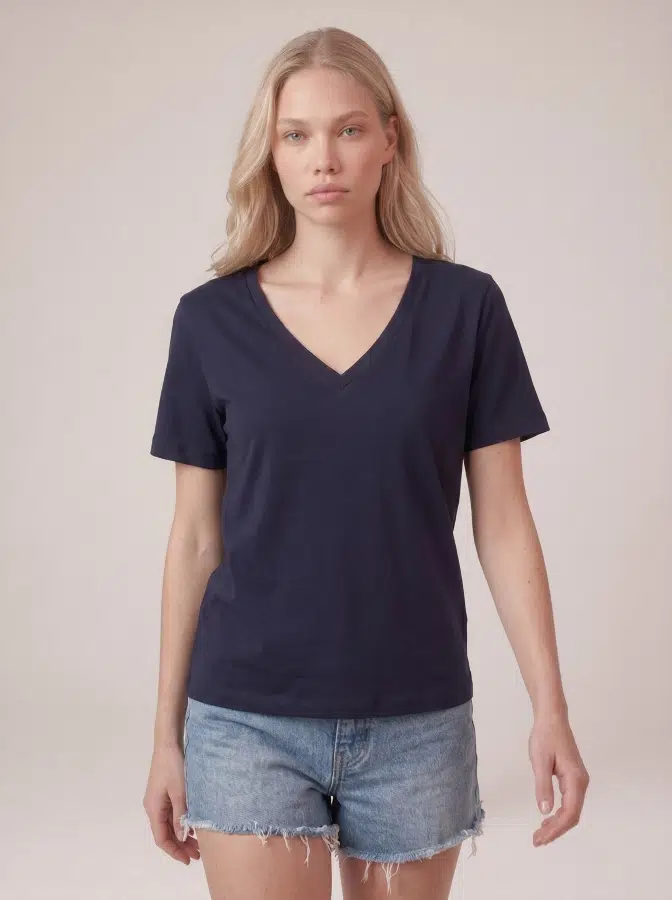 V Yaka Basic Tshirt 17885 - LACİVERT