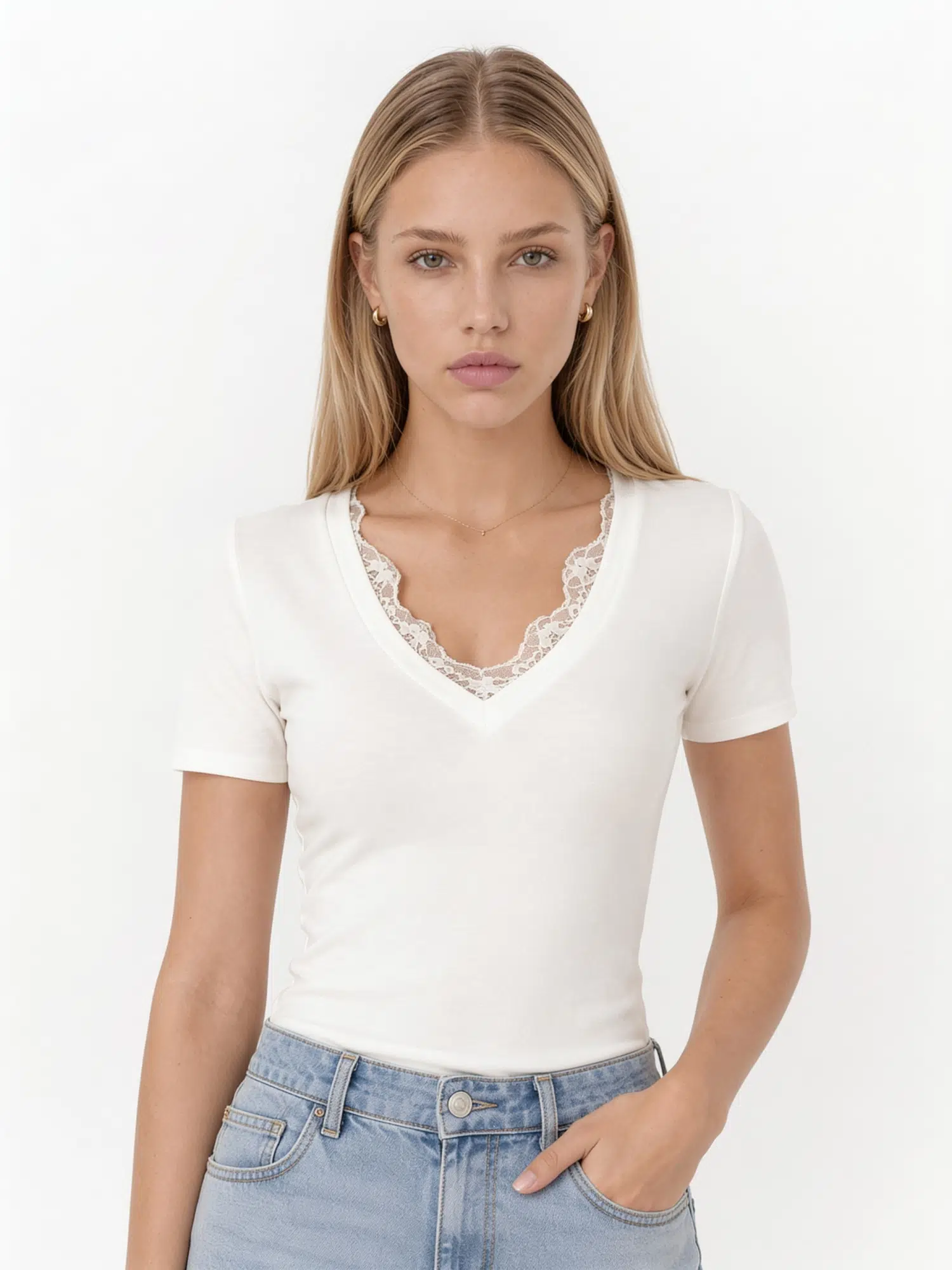 V Yaka Dantel Detay Tshirt 17381 - EKRU