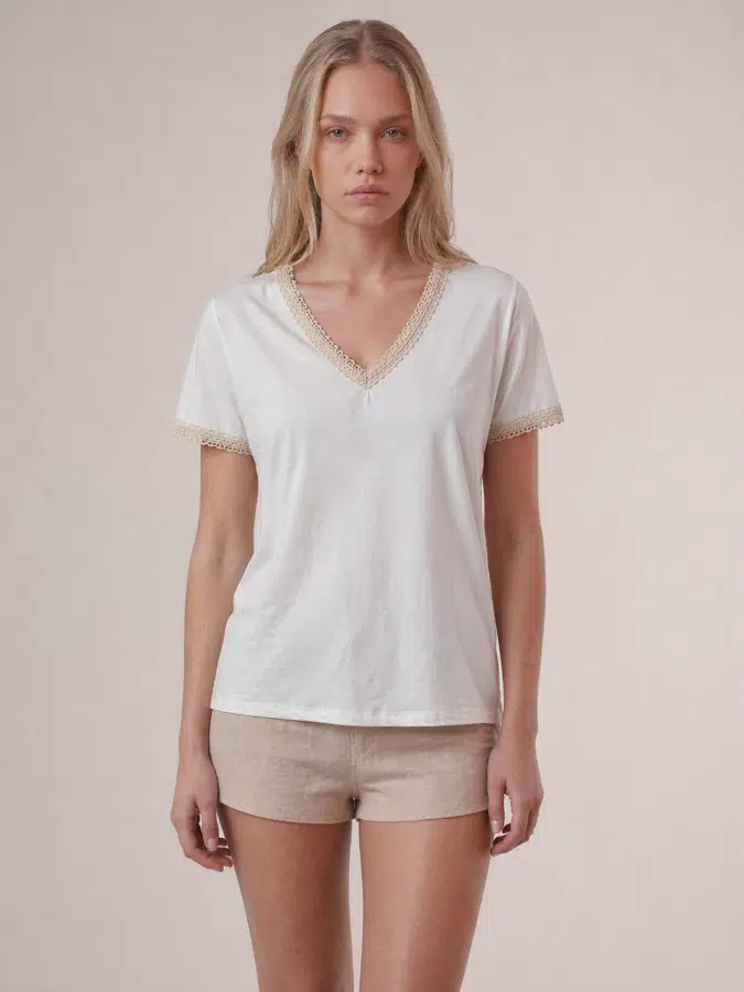 V Yaka Dantel Detay Tshirt T148