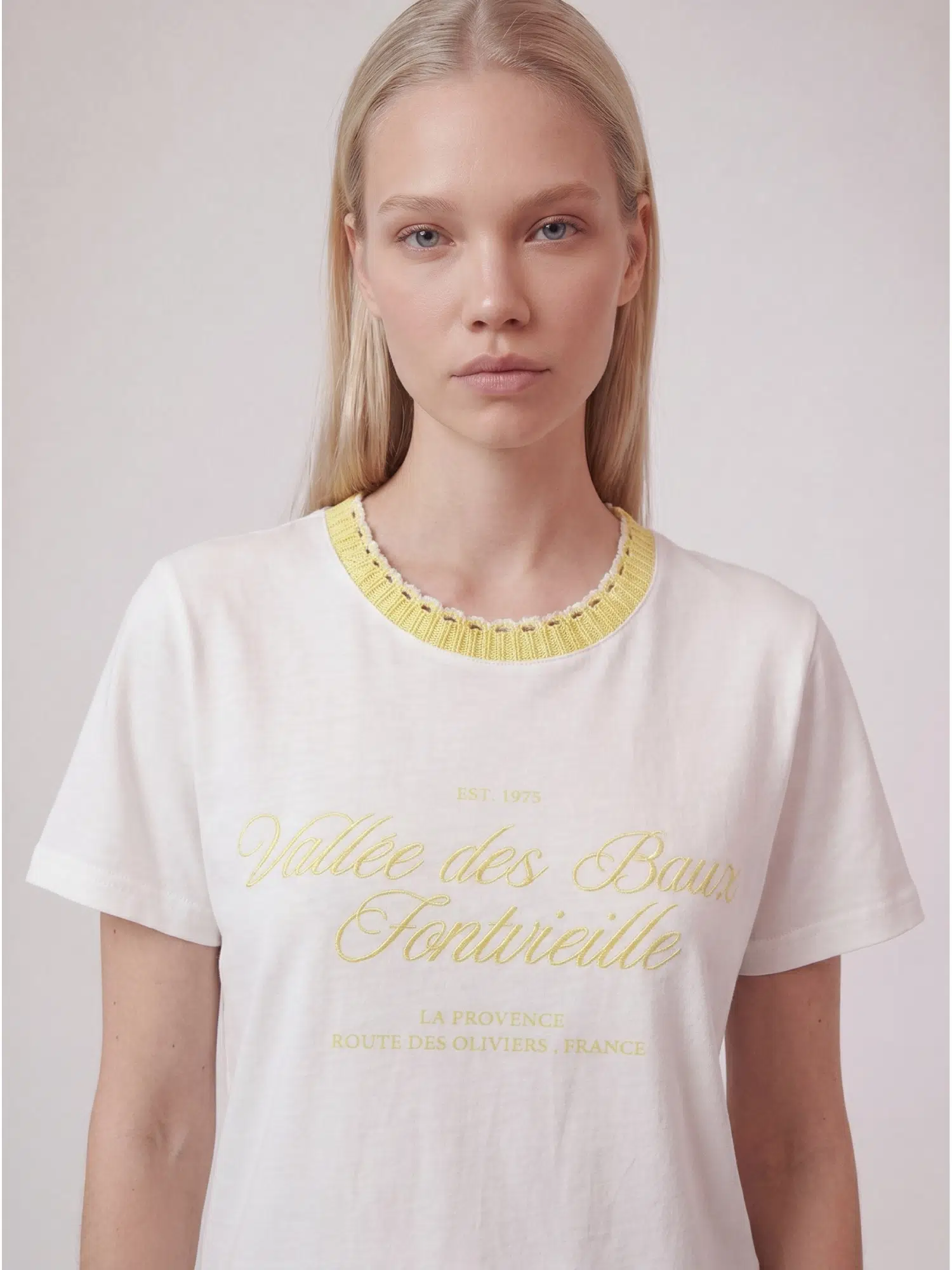 Yaka Örgü Detaylı Tshirt 22957 - EKRU SARI