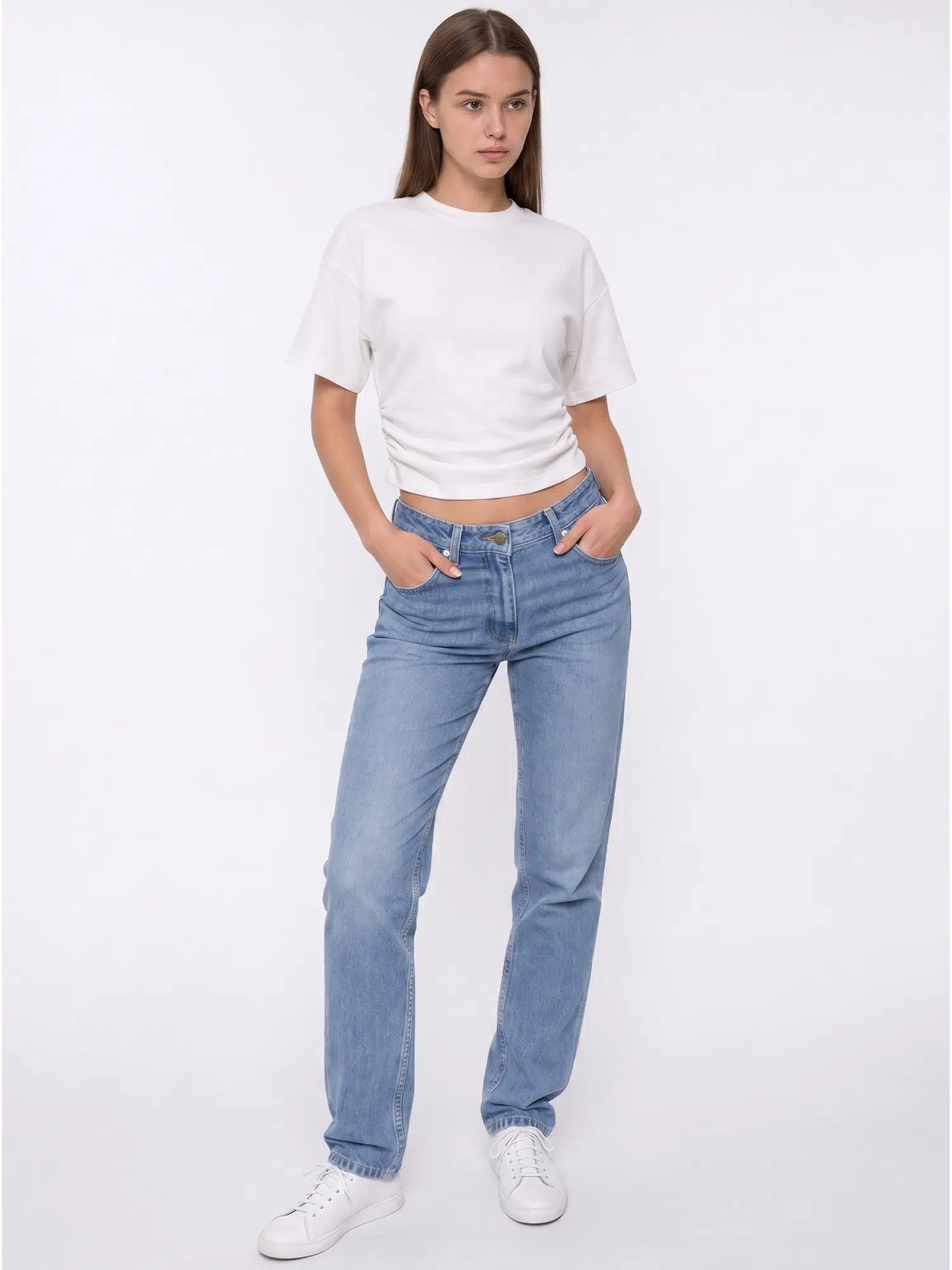 Yanları Büzgülü Crop Tshirt 23132 - EKRU