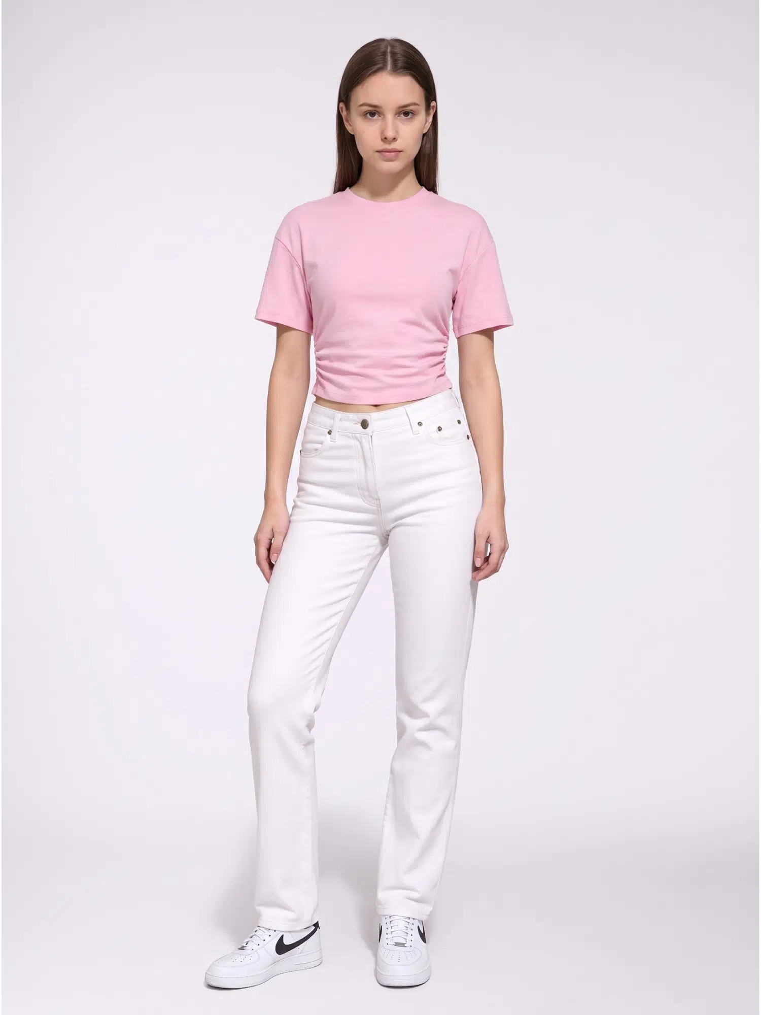 Yanları Büzgülü Crop Tshirt 23132 - PEMBE