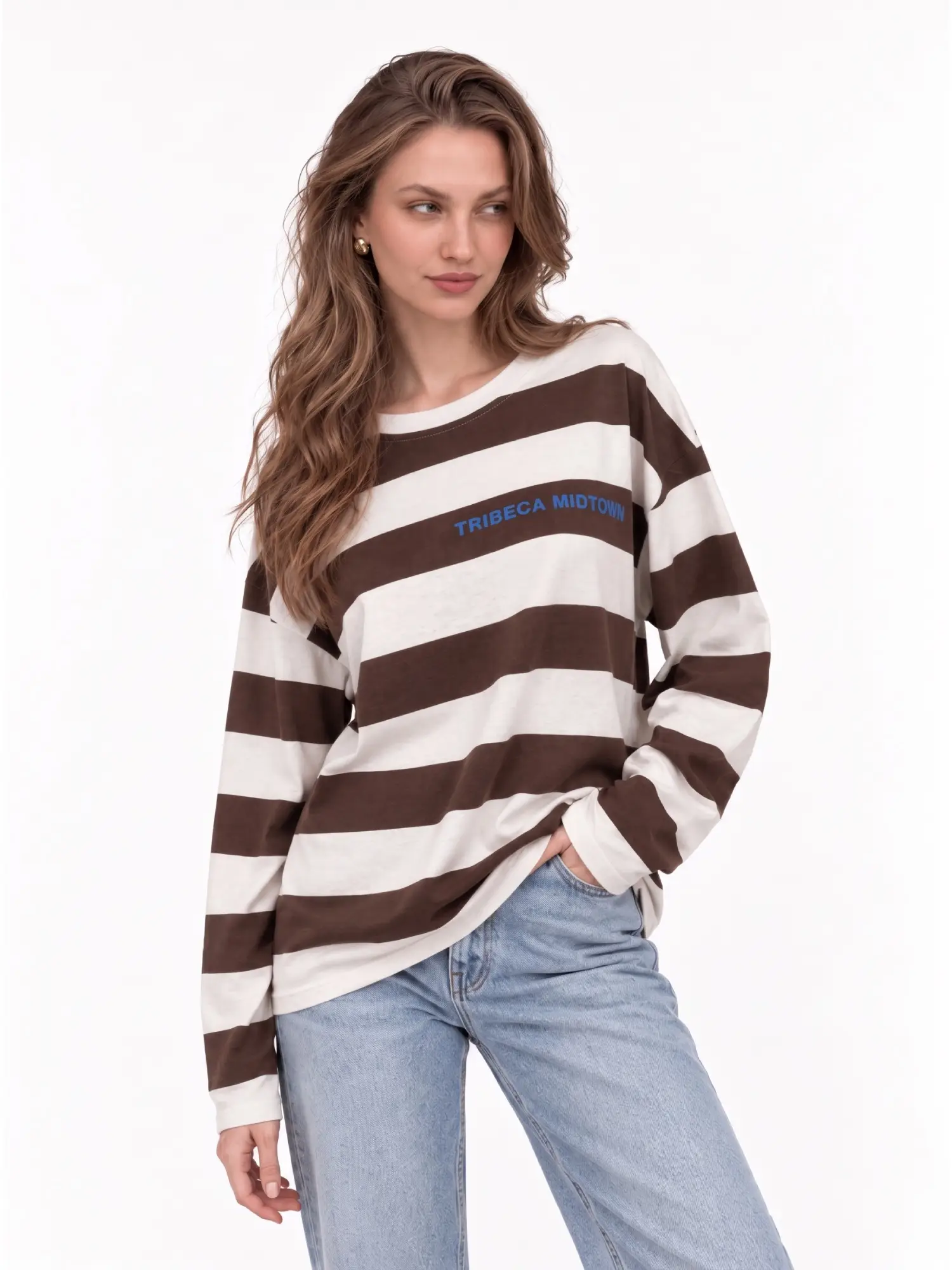 Yazı Baskılı Çizgili Sweatshirt 13155 - EKRU KAHVE